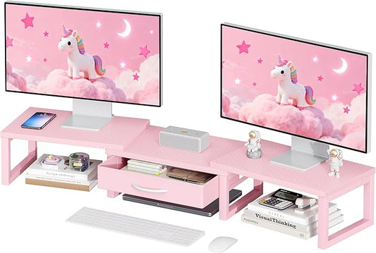 Desk Organizers and Accessories, Dual Monitor Stand Riser with Drawer, Computer Monitor Stand, Adjustable Desk Shelf for PC Laptop Printer TV, Pink by Unknown