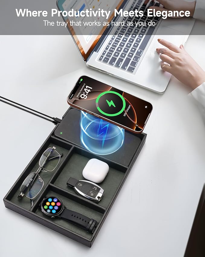 Valet Tray, Built in Wireless Charging Pad, Nightstand Organizer, Two-Toned Premium Vegan Leather Desk Bedside Caddy Organizer Tray for Keys, Watch, Wallet, Jewelry (Black+Green) - Image 3