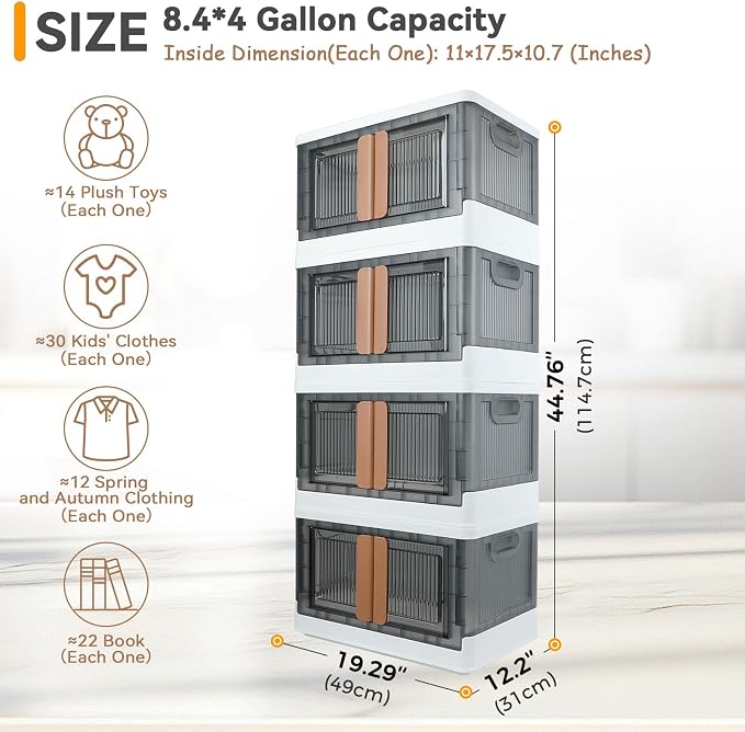 Storage Box, Plastic Cabinet, 8.4 Gallon (32L) Capacity (Each One), 4 Packs, Stackable Collapsible Drawer, with Door and Buckle, Organizer for Home and Office, Transparent - Image 2