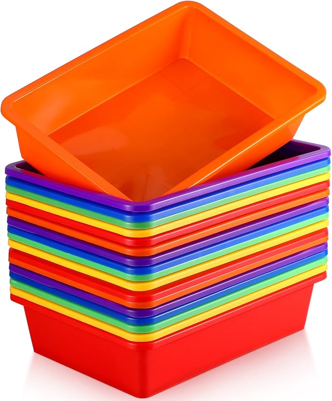 18 Pcs Flat Storage Organizer Bins Letter Size Paper Tray Classroom Storage Plastic Art Trays Classroom Pencil Organizer Baskets for School Office Teacher Book Organization(Colorful) by Hoteam