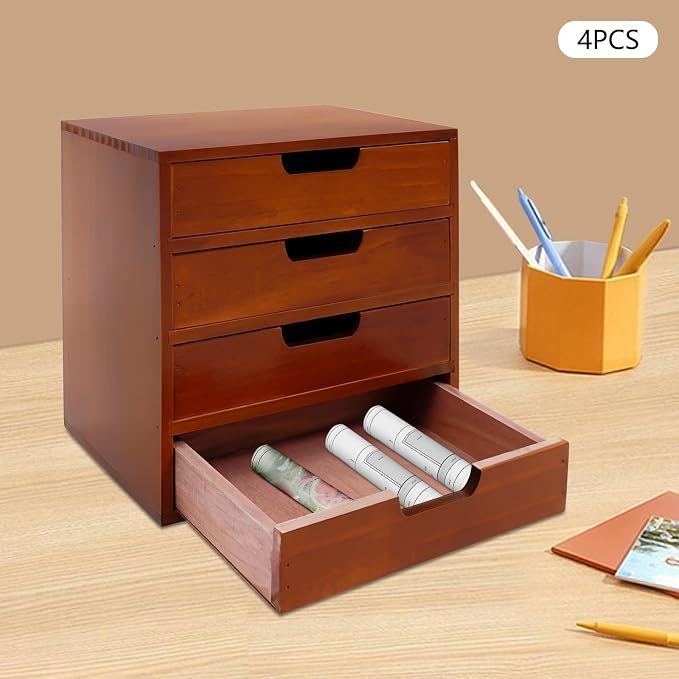 4-Pack Wooden Drawer Organizer Set, Stackable 4-Drawer Desktop Storage Cabinets in Modern Mahogany Wood - 16-Drawer Countertop Organizer for Office, Vanity, Home, and School (Wood Color) - Image 2
