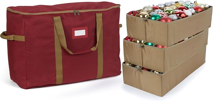 Covermates Keepsakes Adjustable Ornament Storage Bag – Heavy-Duty Polyester, Padded Dividers & FlexGrid Trays – Protective Holiday Ornament Organizer with Handles & Label Window, Red by Covermates