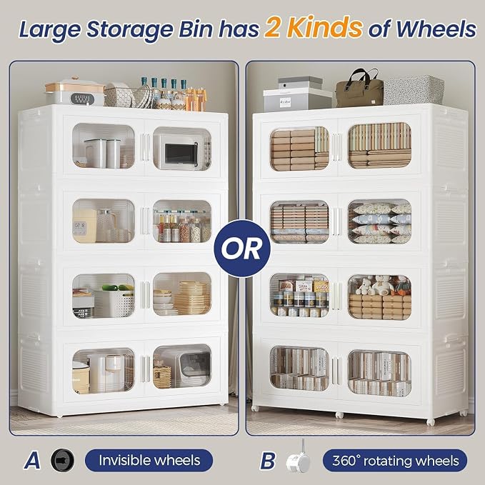 250Gal Exra Large Stackable Storage Bins with Lid, 1000QT Collapsible Storage Box with 6x Wheels, Folding Plastic Cabinet Container with Door Drawer for Home Kitchen Office Dorm, 5Pack White - Image 6