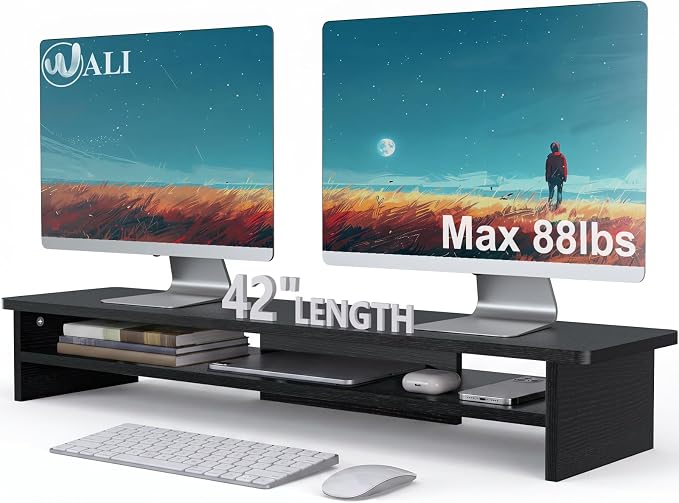 WALI 42 inch Large Wood Dual Monitor Stand Riser with Storage, up to 88lbs | Multi-Purpose Computer Stands, 2 Tier Desktop Organizer Desk Shelf for Home Office PC, Laptop, Printer, TV (WTT001), Black by WALI