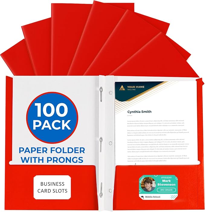 100 Pack Red 2 Pocket Paper Folders. EPI Heavy Duty, Bulk Folders with Pockets, Prongs and Business Card Slots. Letter Size Document Organizers. Durable Portfolio for School, College, Office Files by EPI