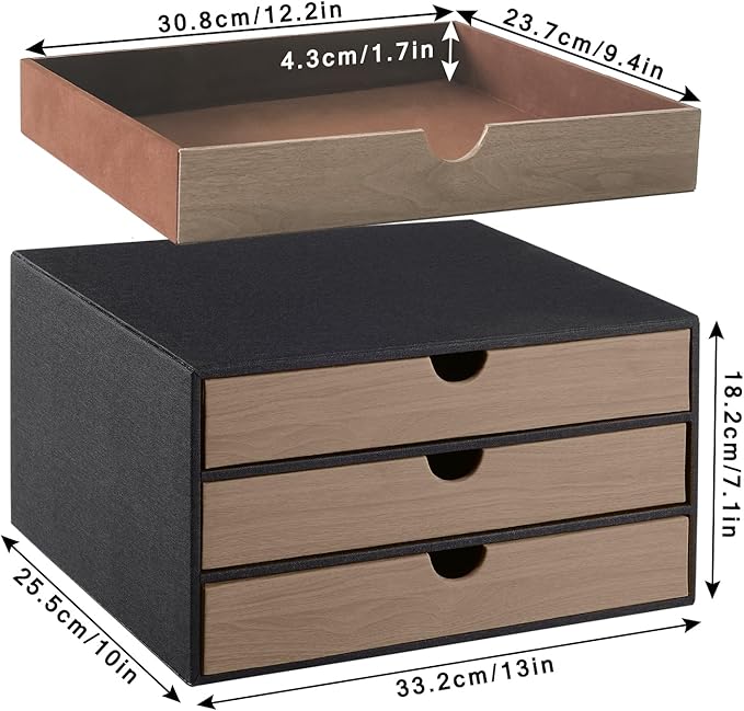 PU Leather Desk Organizer with 3 Drawers,Executive Office Supplies Desktop Filing A4 File Cabinet/Holder for Jewelry/Bill/Paper/Documents/Makeup Home Decor Stationery Storage Box,Black - Image 3