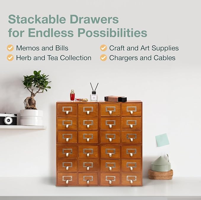 Stackable Modular 4-Pack 24 Drawer Wood Card Catalog Drawers for Desktop - Stackable Mini Storage Drawers for Office or Study Table - Arrange Your Own Drawer Storage Cabinet for Table, Fully Assembled - Image 6