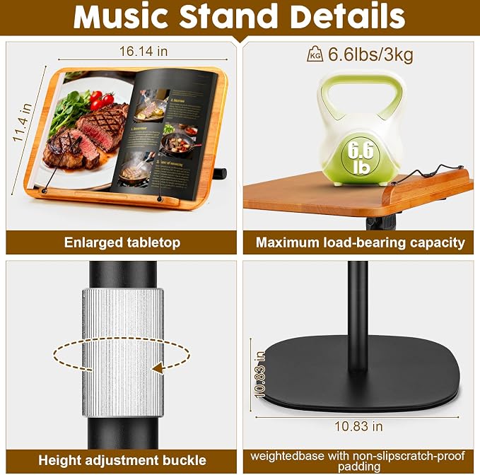 2 in 1 Dual-use Music Stand & Desktop Book Stand, Adjustable Height 16.5"-51", 100% Solid Wood Laptop Floor Stand Book Holder with Elastic Page Clips for Cookbooks (Brown) - Image 4