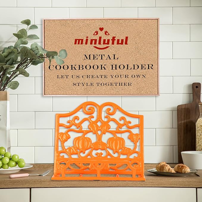 Vintage Cookbook Stand, Robust Wrought Cast Iron Recipe Book Holder for Kitchen Counter, Large Metal Cook Book Stand with Pumpkin Design, Orange - Image 8