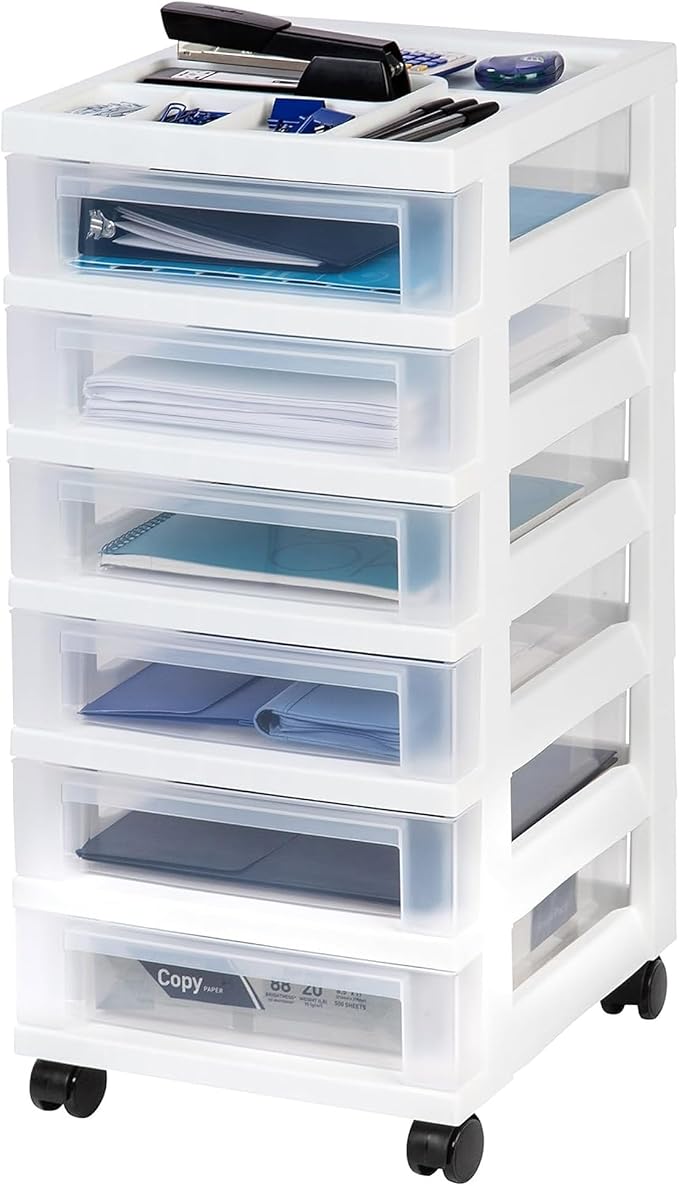 IRIS USA Plastic Drawer Storage Organizer Rolling Cart, 2-Pack, with Wheels Casters, 6-Drawers, for Classroom Art Craft Supplies Dresser Closet Bathroom Laundry Room, White/Clear - Image 4