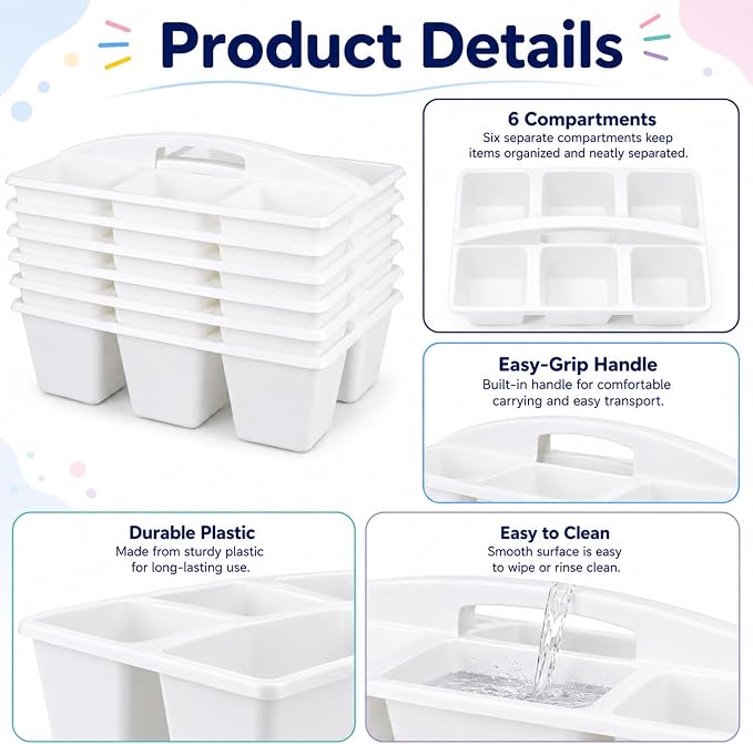 6 Pack Assorted Colors 6 Compartment Classroom Caddy with Handle Portable Plastic Storage Classroom Caddies Organizer for Classrooms Supply Teacher Office Table Desk(White) - Image 3