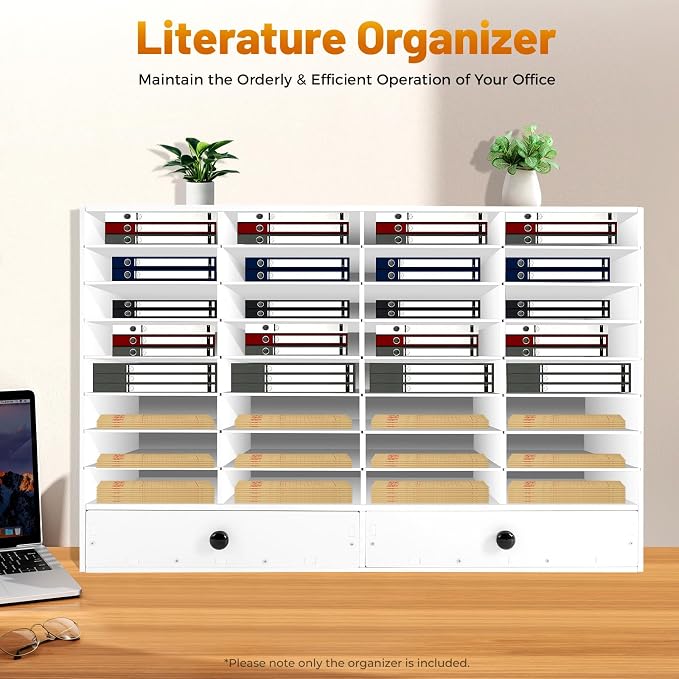 Literature Organizers, 32 Slots Compartment Adjustable File Sorter Mail Center Magazine Holder with 2 Drawer, Mail Organizer Letter Sorter for Counter, Paper Storage Cabinet Classroom Keepers - Image 2