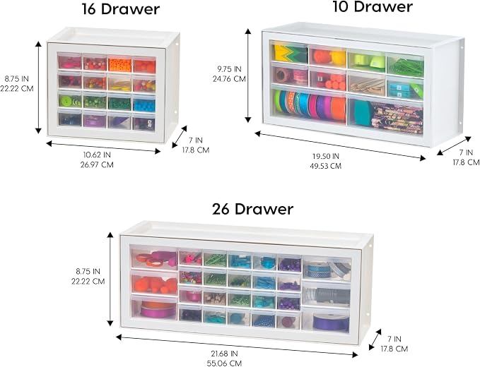 IRIS USA 16-Drawer Small Drawer Organizer, Craft Desk Storage, White | Wall mountable, Stackable Teacher Toolbox, Beads, Building Bricks, Water Packets, Screws, Hardware - Image 4