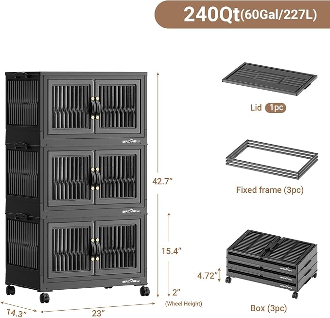 BROVIEW 240Qt Stackable Storage Bins with Lid, Extra Large Closet Organizer Collapsible Drawer Boxes with Wheels, Folding Plastic Cabinet Containers for Home Kitchen Room Organization, 3Pack Black - Image 2