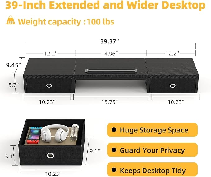 Mexin 39" Dual Monitor Stand Riser with 2 Storage Drawers, Carbon Fiber Computer Desk Organizer for 2 Monitors, Heavy Duty 100 Lbs Desktop Stand with Phone Tablet Holder for Home Office, Black - Image 3