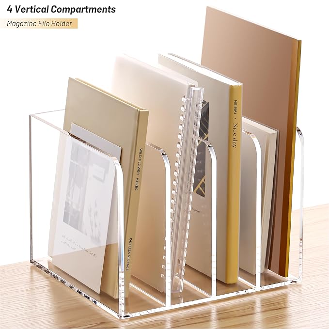 YUXUN Acrylic Magazine Holder,Clear Desk Organizer File Sorter for Notebook,Paper,Envelope,Magazine, Book Storage-Office/Home/Classroom Organization(4 Compartments,B5) - Image 4