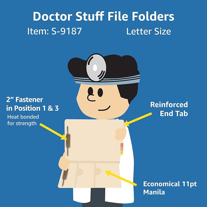 Pocket File Folders, Doctor Stuff, Reinforced End Tab Folder with Double Pocket on Inside, Two Fasteners in Position 1 & 3, 11 pt Manila Stock, Carton of 250 - Image 5