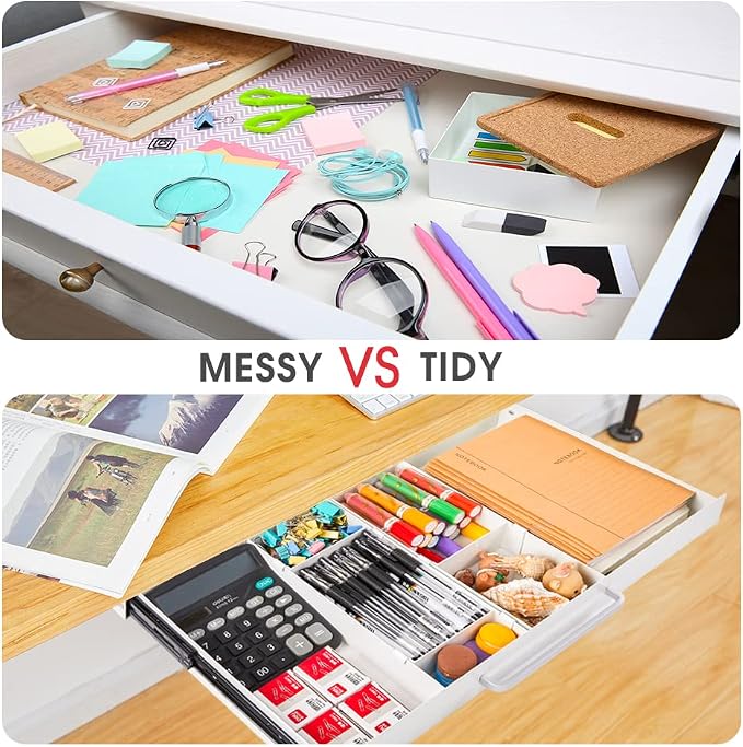 Large Size Under Desk Slide out Pencil Drawer White with Adjustable Space Divider Design for Storing Pencil and Office Accessories, Underdesk Pull out Tray Organizer Mounted for Sit Stand Workstation - Image 7