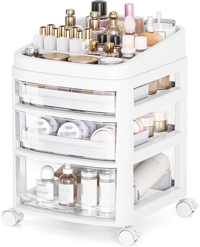 Rolling Cart with 3 Drawers, Clear Plastic Drawer Organizers, Vanity Cart | Dust Proof Under Desk Storage with Dividers for Makeup, Skincare, Art Crafts and Baby Items, Acrylic Cosmetic Organizer by APEXCHASER