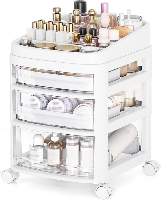 Rolling Cart with 3 Drawers, Clear Plastic Drawer Organizers, Vanity Cart | Dust Proof Under Desk Storage with Dividers for Makeup, Skincare, Art Crafts and Baby Items, Acrylic Cosmetic Organizer by APEXCHASER