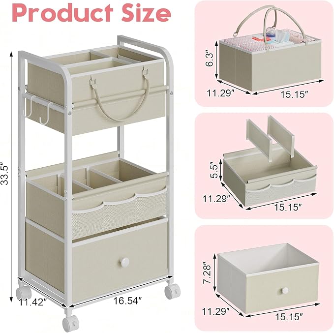 Cidaziya 2In1 Baby Diaper Caddy Organizer and Storage, 3 Tier Rolling Cart with Drawer, Detachable Dividers, Mobile Utility Cart Baby Dresser Clothes Organizer for Baby Essentials, Bedroom, Nursery - Image 2