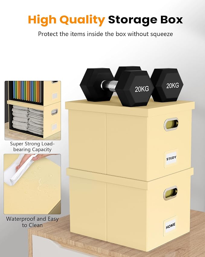 2 Pack File Storage Organizer Box, Portable Document Box with Lid,Fit for Letter/Legal File Folder Storage,Cream-yellow(Leather) - Image 5