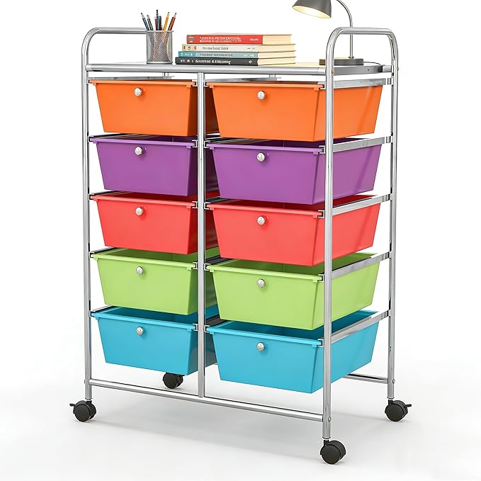 COSTWAY 10 Drawer Rolling Storage Cart, Utility Cart with Lockable Wheels | Mobile Art Supply Craft Organizer with Metal Frame, Multipurpose Drawer Cart for Paper for Office, School, Multi-color by COSTWAY