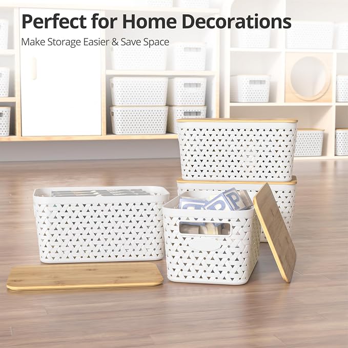 Plastic Storage Bins with Bamboo Lids, Stackable Small Box Baskets for Organizing and Containers for Shelves Drawers Desktop Closet Pantry Classroom Office Home, 4 Pack 12x7.3x6.2 Inch, White - Image 7