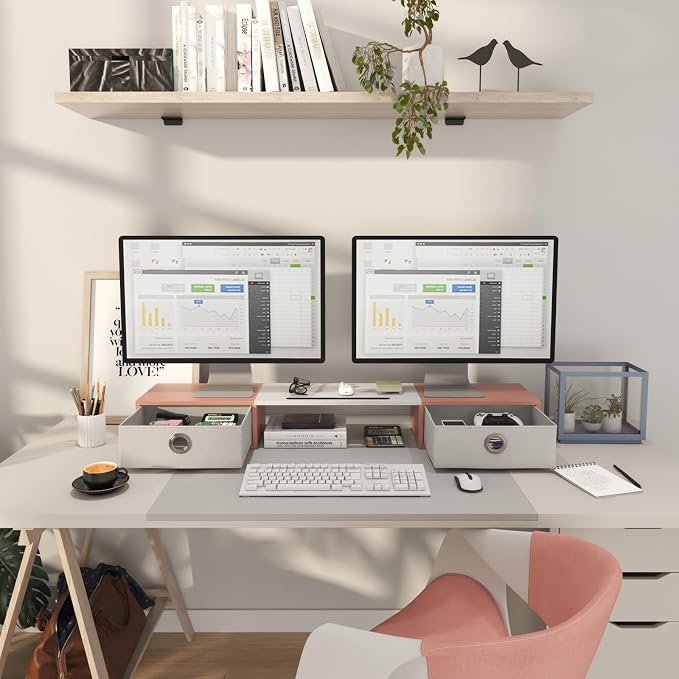WESTREE Dual Monitor Stand Riser with Two Drawers, Extra Large Storage Monitor Stand for 2 Monitors, Desktop Oraganizer Stand for Computer,Laptop,Screen,Printer,TV - Image 3