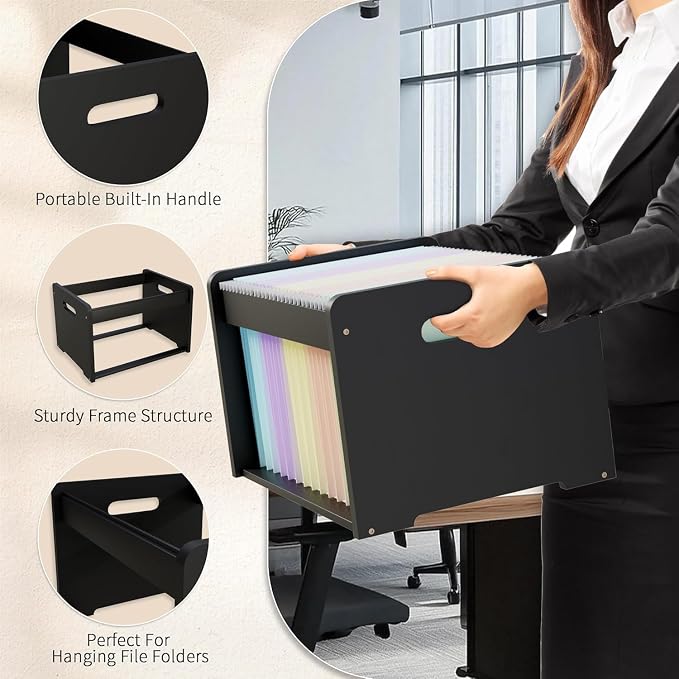 Bamboo Hanging File Organizer, Desktop File Box, Open Top, 2 Pack, Black | Open-Top Access, 4 Hanging Folders Included, Letter & Legal Files, Sliding Rails, Reinforced Handles, Easy Assembly - Image 4
