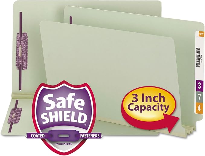 Smead End Tab Pressboard Fastener File Folder with SafeSHIELD Fasteners, 2 Fasteners, 3" Expansion, Legal Size, Gray/Green, 25 per Box (37725) by SMEAD
