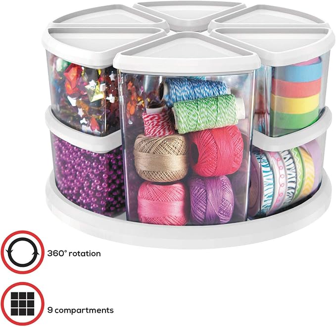Deflecto Rotating Carousel Craft Organizer, 9-Canister, Includes 3" and 6" Canisters, Removable, Clear, Lids - Image 3