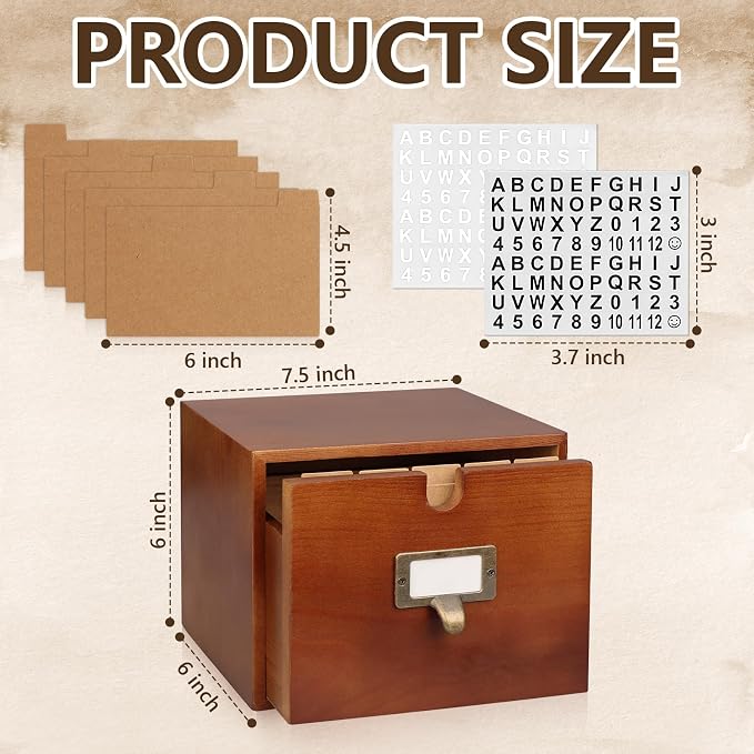 4x6 Index Card Holder Wooden Index Card Storage Box with Drawers Brown Vintage Card Catalog Box Recipe Notecard Box 5 Index Cards Dividers 2 Letter Smile Stickers for School Office - Image 2