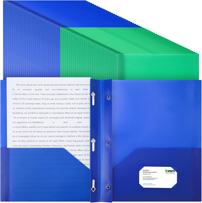 Cholemy 72 Packs Pocket Folders with Prongs Heavy Duty Plastic Folder with Business Card Slot 3 Prong Fasteners for School Office (Blue,Green) by Cholemy