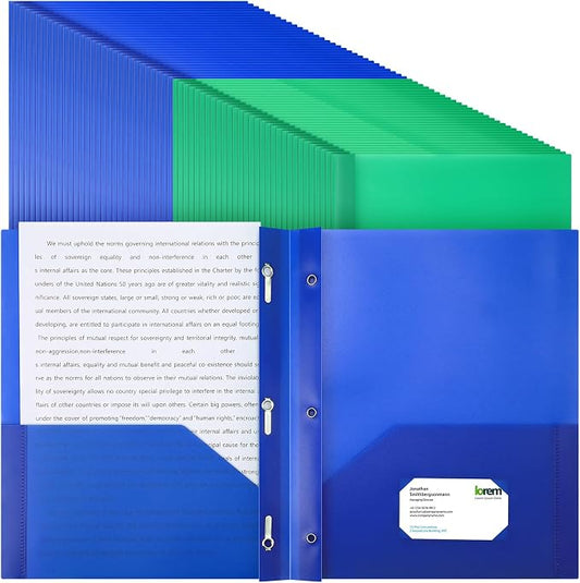 Cholemy 72 Packs Pocket Folders with Prongs Heavy Duty Plastic Folder with Business Card Slot 3 Prong Fasteners for School Office (Blue,Green) by Cholemy