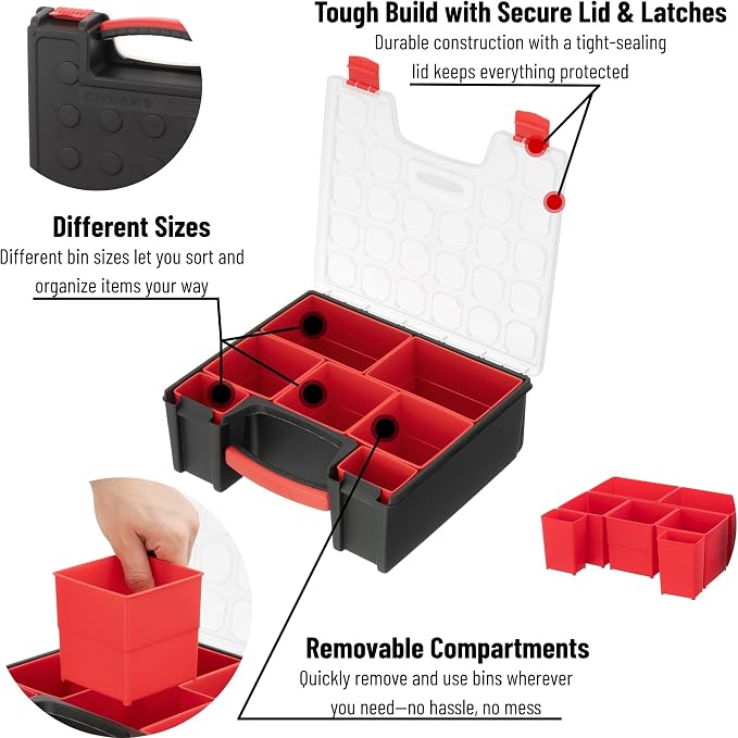 INTERTOOL Hardware Organizer with 7 Deep Removable Bins - Small Parts Storage Tool Box for Nuts, Bolts, Screws, Nails - Portable Handle Transparent Lid with Locks BX08-4032 - Image 2