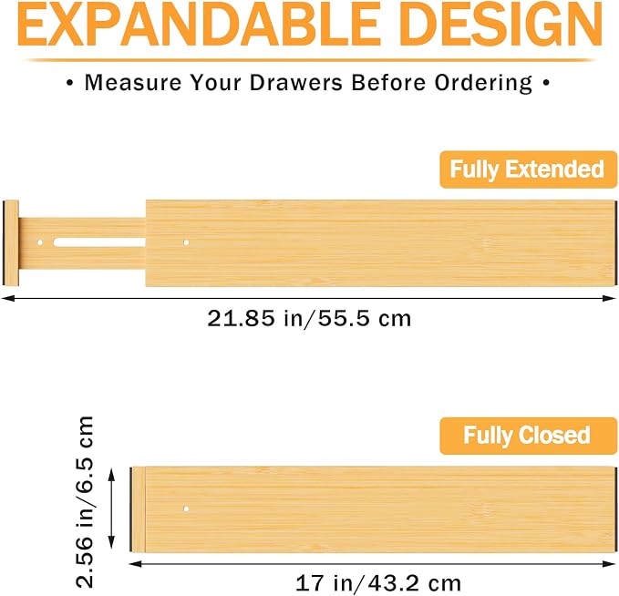 Bamboo Drawer Dividers Organizers, 2.56" High, 17"-21.8" Adjustable, 6 Pack | Expandable Separators, Great for Utensils, Kitchen, Bedroom, Dresser and Office Storage - Image 2