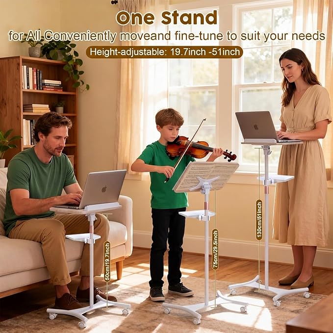 2 in 1 Dual-use Music Stand & Desktop Book Stand, Adjustable Height 16.5"-51", 100% Solid Wood Laptop Floor Stand Book Holder with Elastic Page Clips for Cookbooks (White with Tray and Wheels) - Image 3