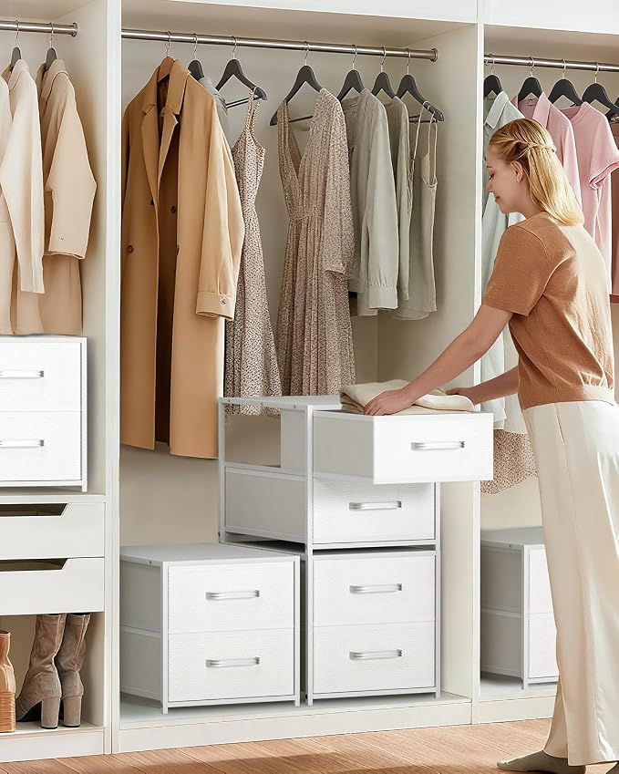 Stackable Storage Drawers - 2 Tier Closet Organizer with Metal Handles and Metal Frame, Fabric Dresser with Collapsible Bins for Bedroom, Dorm, Office, White, 2 Pack - Image 2