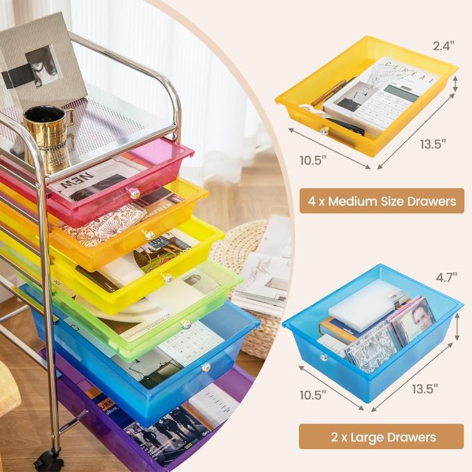 COSTWAY 6-Drawer Rolling Storage Cart, Art Craft Tools Organizer on Wheels | Multifunctional Heavy Duty Utility Mobile Storage Trolley w/ 2 Lockable Wheels for Home Office School (Rainbow) - Image 5