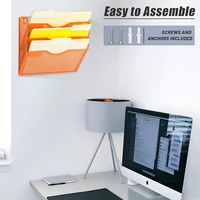 3 Pocket Mesh Hanging Wall File Organizer, Wall Mounted Mail Paper Document Folder Holder, Clipboard Storage Organization Magazine Rack with Nametag Label for Office Home School, Orange - Image 6