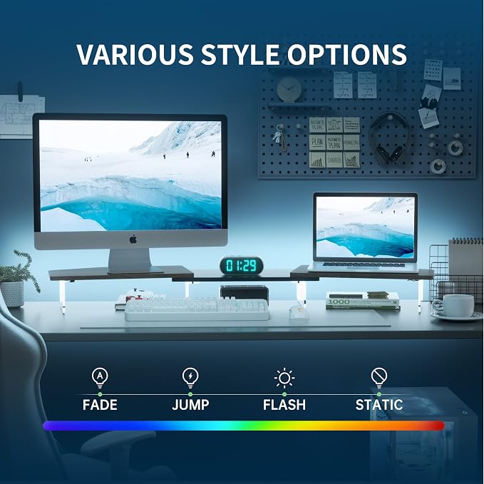 AFOOYO LED Dual Monitor Stand Riser for 2 Monitors,Office Desktop Wooden Stand Adjustable Length and Angle 3 Shelf,Extra Long Multifunctional Stand up to 44.4" for Computer,Laptop,TV,Walnut Finish - Image 3