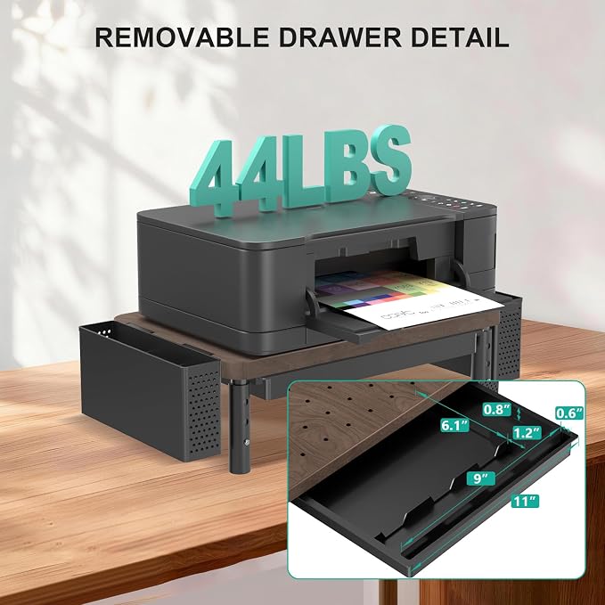 WALI Plastic Computer Monitor Stand with Storage, Desk Organizer with Drawer and Pen Holder, Desk Monitor Riser 3 Height Adjustable, Laptop Riser for Computer, Laptop, Printer(PTT003-C), 1 Pack, Brown - Image 6