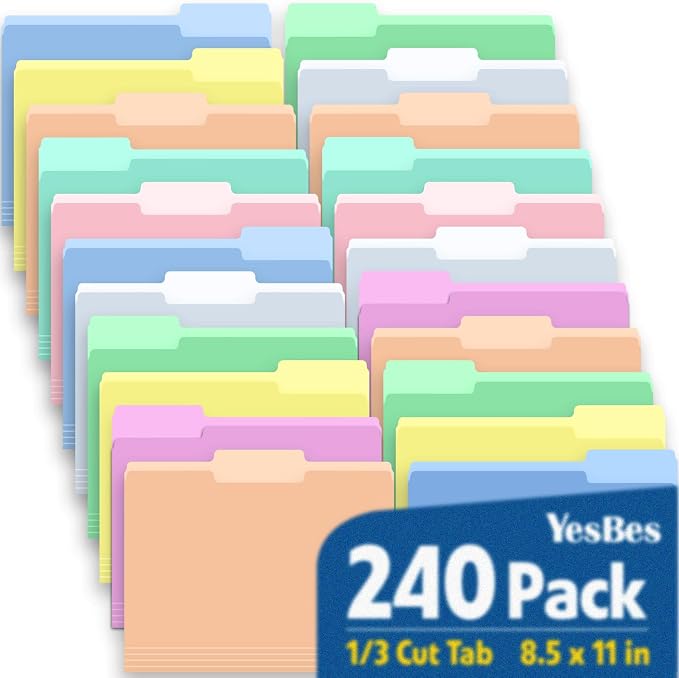 240 Pack File Folders, 1/3 Cut Tab Colored File Folders Letter Size 8.5 x 11 Inch, Filing Folder for Office School Business, 8 Pastel Colors by YesBes