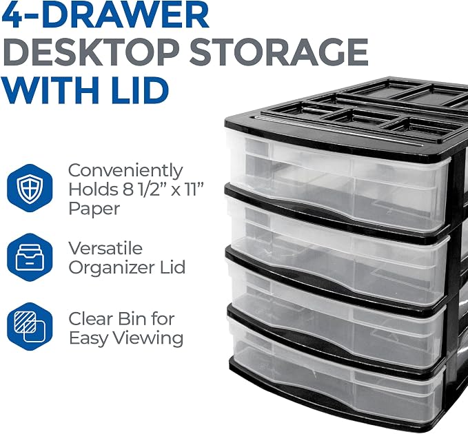 Gracious Living 4-Drawer Desktop and Countertop Storage Organizer Drawer Set, Plastic Office Desk Organizer, Black/Clear - Image 9