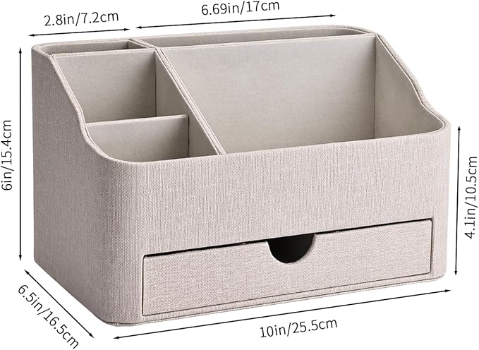 PU Leather Desk Organizer with Drawer, 5 Compartments Desktop Storage Caddy for Office & Home Supplies, Pen Holder for Remote Control, Phone & Accessories, Mail Organizer Countertop(Beige) - Image 3