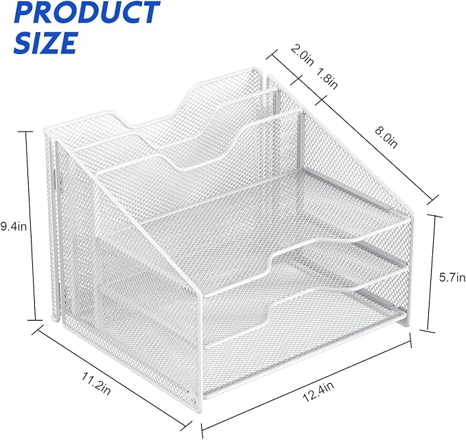 Samstar White Desk File Organizer, Mesh Letter File Folder Holder with 3 Paper Trays and 2 Vertical Upright Section, for Office Supplies, Desk Accessories & Workspace, White - Image 3