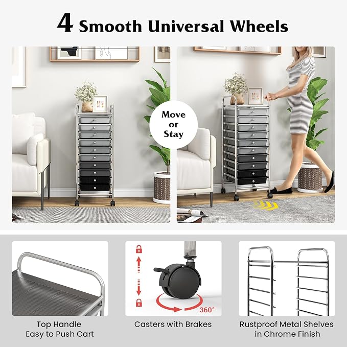 Giantex 10-Drawer Storage Cart w/Universal Wheel, Rolling Cart w/Handle, Home Organizer Storage Unit w/Removable Drawers, Trolley Utility Cart for Kitchen Makeup Living Room Office Play Room - Image 6