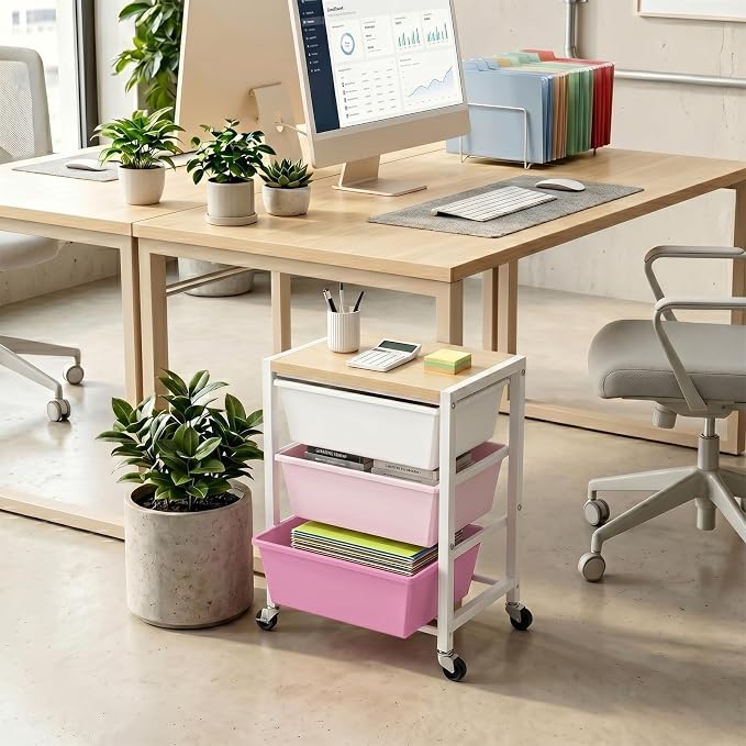 Rolling Cart with 3 Drawers, Plastic Drawer Storage Carts with Lockable Wheels & Wooden Tabletop, Metal Art Craft Utility Cart Organizer for Home Office Bedroom Dorm Bedside Classroom, Bright Pink - Image 7