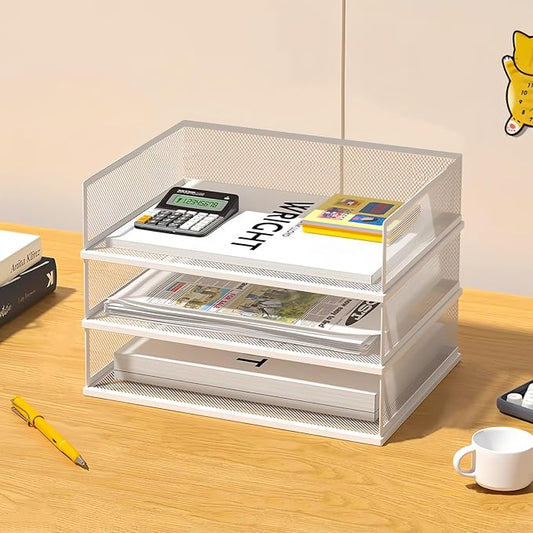 A3 Mesh Desk File Organizer, Stackable Paper Tray，Desktop Document Sorter, File Storage, 3/4/5-Tier Paper Letter Tray Organizer, Desk Accessories & Workspace, Black (3 Tier-Landscape-White) by wen-liz-US